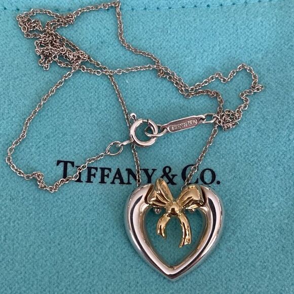 Tiffany & Co. 18K Gold / 925 Sterling Silver Heart & Ribbon Pendant Necklace - Picture 1 of 7